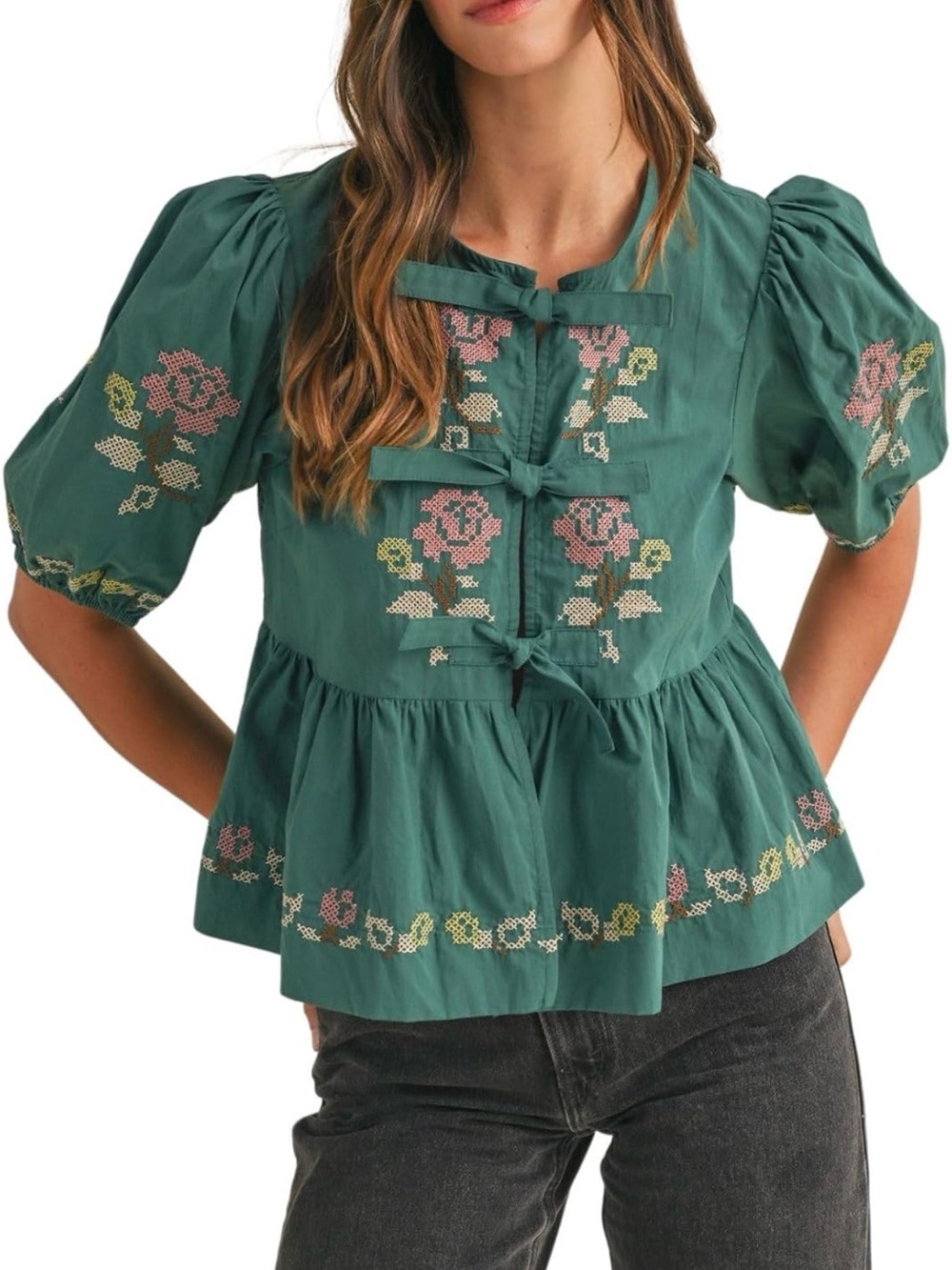 Amazon Green Embroidered Puff-Sleeve Peplum Blouse